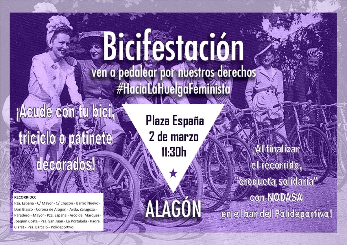 ¡Continuamos #HaciaLaHuelgaFeminista!
💜Prepara tu 🚲 y decórala para la ocasión‼️
🗓 Sábado, 2 marzo 
⏰ 11:30h 
📍 Plaza de España 
Al finalizar en el Bar del Polideportivo y con la colaboración de NODASA ven a desgustar la #CroquetaSolidaria