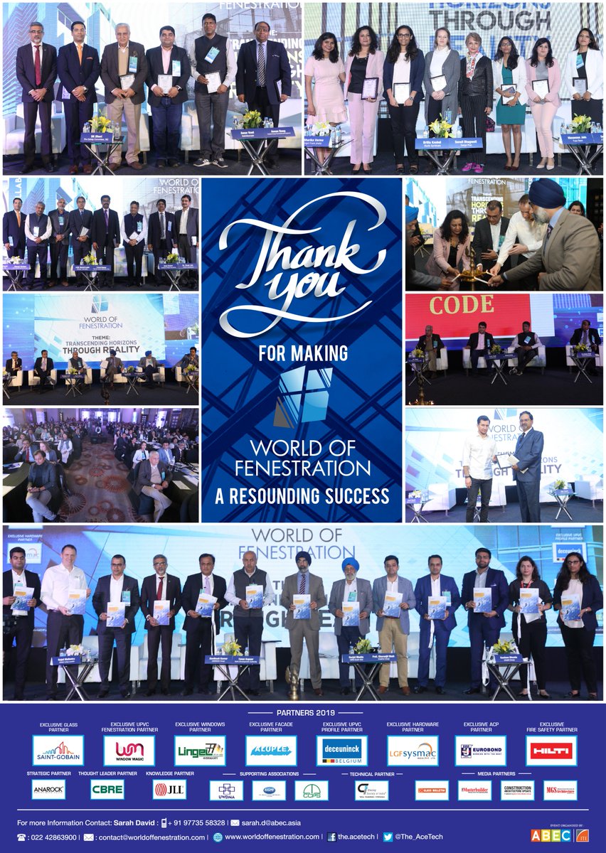The_AceTech's tweet photo. We would like to thank each and every individual who made this edition of the World of Fenestration a grand success.
#WOF #WorldOfFenestration #WOF2019 #Facade #Fenestration #Architects #Builders #Developers #EnergyEfficiency #Sustainability #etacetech #ACETECH #FacadeforCities https://t.co/wZZoXHMwAL