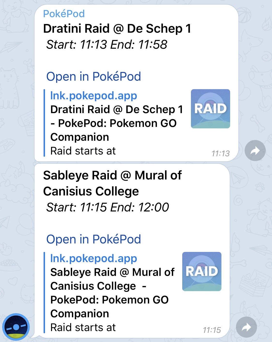 Pokepod We Ve Created A Telegram Bot For Your Local Community It Pushes Newly Added Raids Of Your Area In Your Telegram Group We Ve Got A Discord One Too Pokemongo