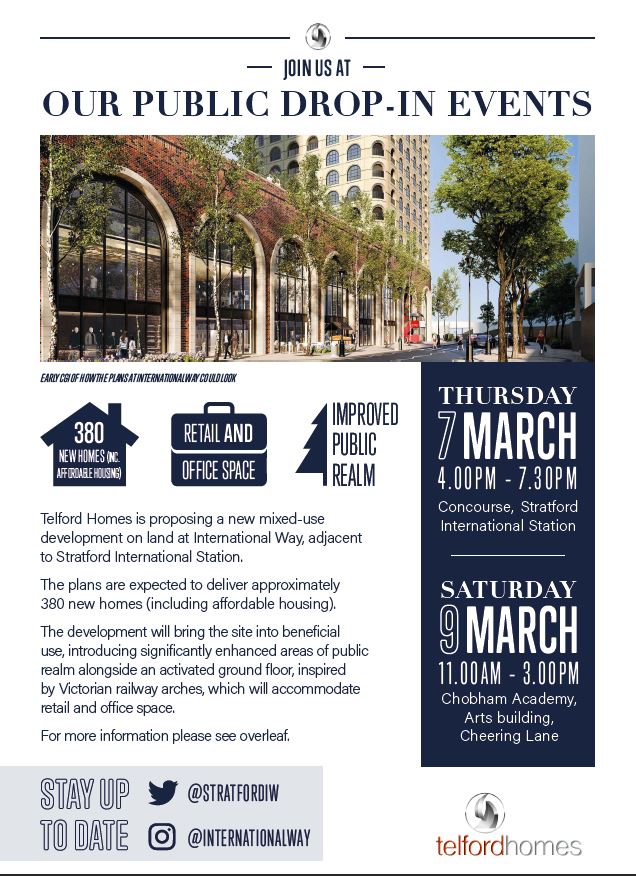 StratfordIW's tweet photo. We are holding drop-in events at #StratfordInternation Station and #ChobhamAcademy to share proposals for #InternationalWay in #Stratford. Are you able to join us? #StratfordLondon #Development #Development #NewHomes #AffordableHomes https://t.co/pFKgLG1Gtc