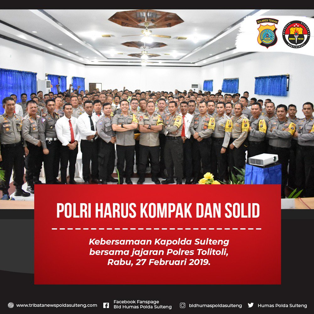 PolresTolitoli's tweet photo. POLRI HARUS KOMPAK DAN SOLID
Kebersamaan Kapolda Sulteng dengan jajaran Polres Tolitoli, Rabu 27/2/2019
.
.
#polrisolid
#polripromoter
#polrestolitoli
#poldasulteng https://t.co/Ig1UGQy9NN
