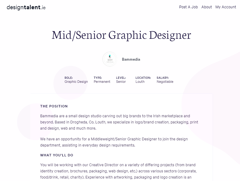 DesignTalentIE's tweet photo. Recently commended at the @IDIIreland awards 🥳the @bammediairl team are hiring for a Mid/Sr. Graphic Designer in their office in Drogheda. Fancy leaving behind that Dublin commute? 🚗🚗🚗

Apply now https://t.co/3J4jDyJtJx https://t.co/Lg8dB7mRrw