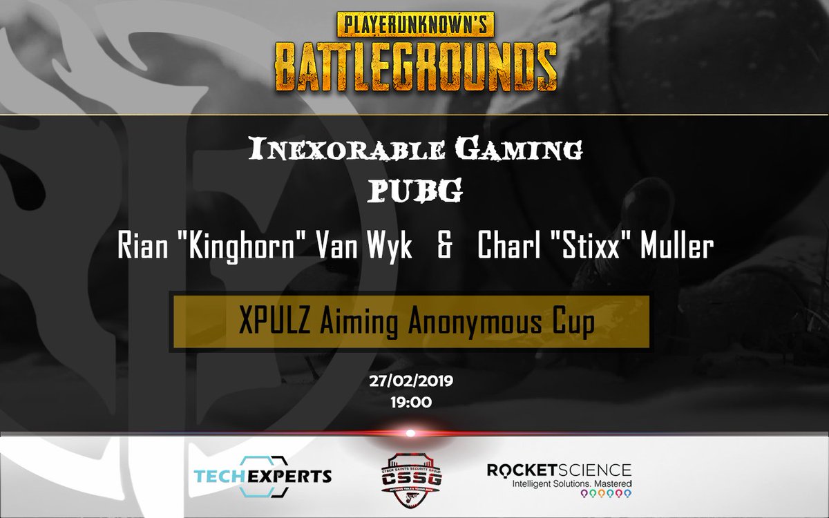 Inex_Gaming_'s tweet photo. Tonight, 27 Feb. at 19:00, Charl "Stix" Muller and Rian "Kinghorn Van Wyk from Inexorable Gaming PUBG is battling it out in the XPULZ Aiming Anonymous Cup - Duo FPP
Good Luck guys and Have Fun!
#inexorablegaming #PUBG #glhf #gaming #XPULZ #inex_PUBG #RocketScienceZA #TechExperts https://t.co/m3IQRm6ZTw