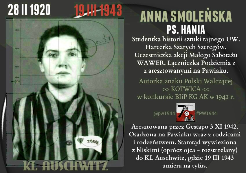 📍99 lat temu w Warszawie urodziła się ANNA SMOLEŃSKA ps. HANIA. Zakotwiczyła Polskę Walczącą w nieśmiertelnym graficznym symbolu oporu ku wolności. W wieku 23 lat poniosła śmierć w GER obozie KL Auschwitz. Cześć Jej Pamięci! #PW1944
