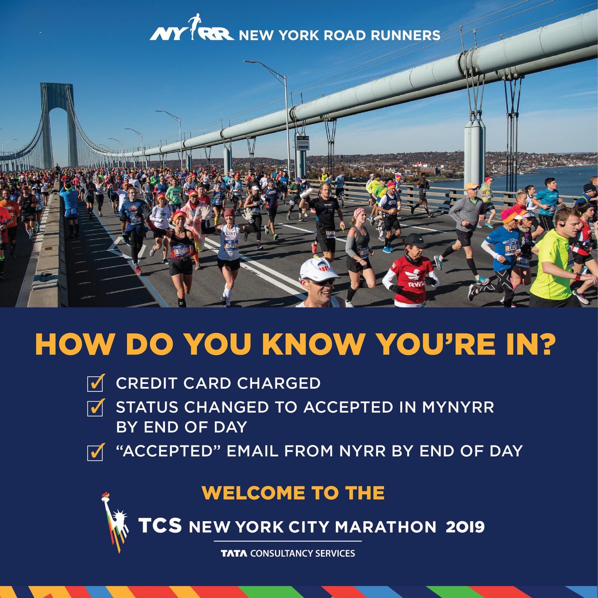 nyrr's tweet photo. It’s officially TCS New York City Marathon drawing day! The drawing is taking place all day beginning now. Runners will be accepted into the race throughout the day, so some runners may find out their status before you do. Here’s how you will know if you’re in. https://t.co/eQXjWlDdm2