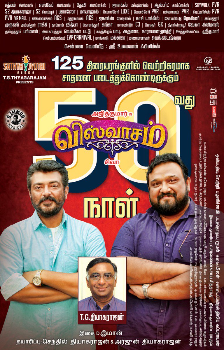 SathyaJyothi's tweet photo. It gives us immense pleasure to see Mega Blockbuster #Viswasam complete 50 days in 125 centers across Tamil Nadu. It also thrills us to see #Ajith sir fans celebrate this milestone with so much urchagam and Viswasam. Thanks all 😊🙏 

#Viswasam tomorrow paper ad. https://t.co/pvydoZsGux