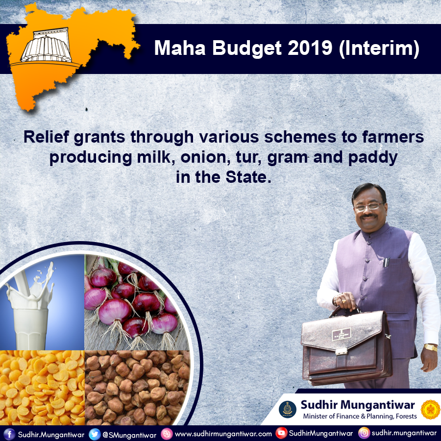 Relief grants through various schemes to farmers producing milk, onion, tur, gram and paddy in the State. 
#MahaBudget2019