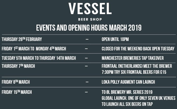 VesselPlymouth's tweet photo. Here's an update to what's happening at Vessel over the next few weeks. We're closed this weekend to go @cloudwaterbrew Friends and Family festival.
Then lots of amazing events start of March: Two international brewer events, a Manchester tap takeover and an exclusive can launch https://t.co/9lZsX3tHG9