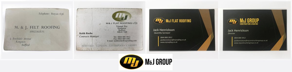 mjgroupuk's tweet photo. Take a trip down memory lane and check out our business cards from 1974 to now! We started with only a three digit number and single sided printing, now we are social on #insta’! #10yearchallenge #notactually10years #45yearsyoung #roofingspecialists #oldschool #growth #modernera https://t.co/qElkj98ohK
