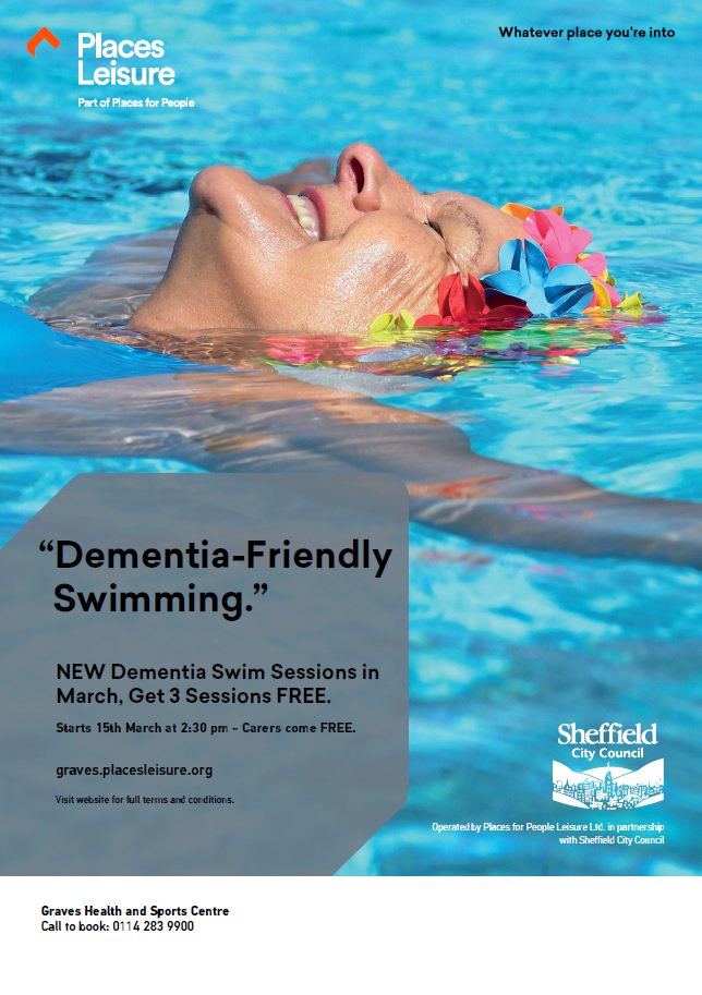 SheffMHG's tweet photo. Great opportunity starts next month for people who have dementia. From 15th March weekly dementia-friendly swim sessions start at @gravescentre - #carers come free https://t.co/oIod5aXJ9x