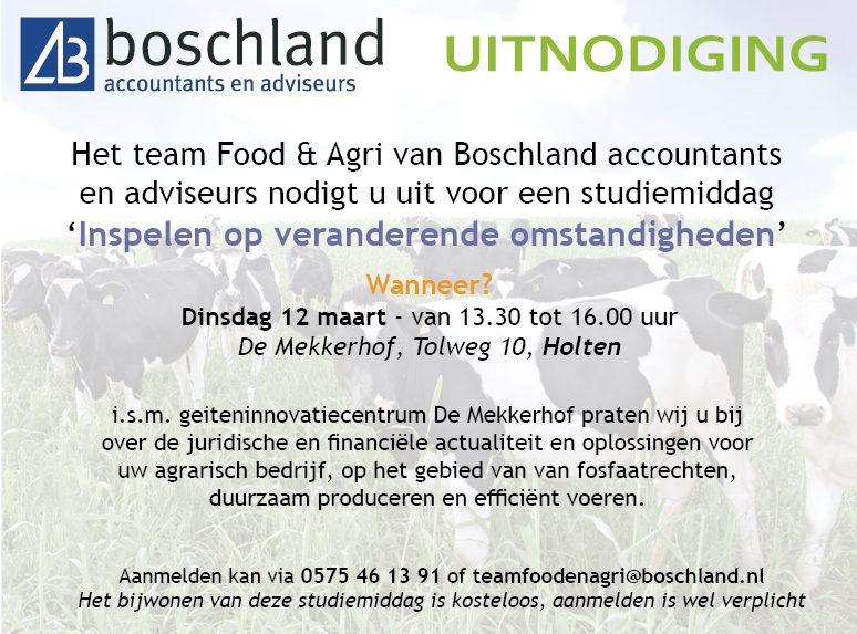 Op 12 maart organiseren wij een bijeenkomst voor boeren waar wij ze informeren over de financiële actualiteiten voor hun agrarisch bedrijf. Komt u ook?
boschland.nl/fosfaatrechten…