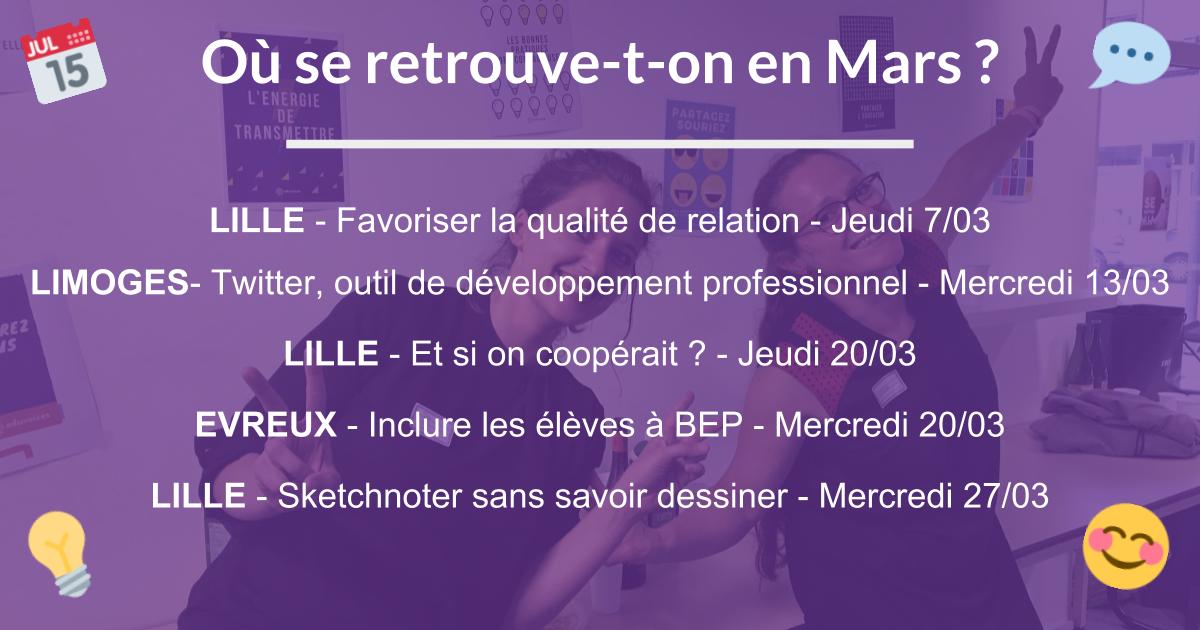 eduvoices's tweet photo. 📆 Le mois de Mars pointe son nez avec son lot d'ateliers et de thématiques variées 😀 #CommunicationNonViolente #cooperation #inclusion #sketchnote 👍 N'hésitez pas à rejoindre l'une de ces rencontres #Lille #Limoges #Evreux Infos et inscriptions 👉 https://t.co/bFibM6yso3 https://t.co/uoDyR1s9Oo