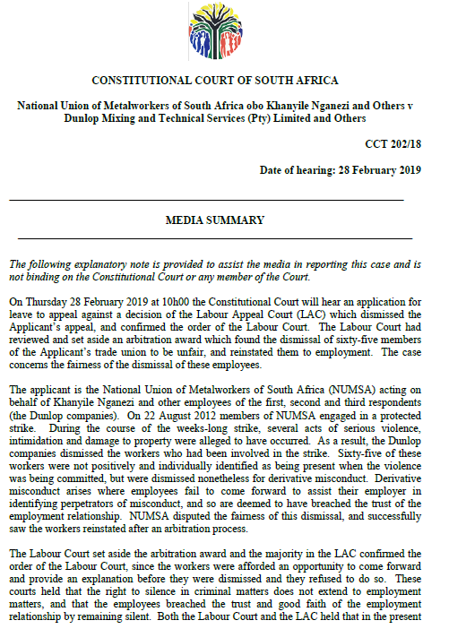 ConCourtSA's tweet photo. Hearing tomorrow 10am: Can you be dismissed for failure to disclose the misconduct of fellow employees during strike action? https://t.co/jg3qULWbDD