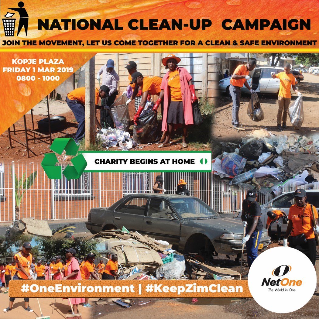 NetOneCellular's tweet photo. NATIONAL CLEAN UP DAY
Join us on Friday 1 March 2019, as we take part in the National Clean Up campaign. Let us come together for a clean and safe environment.
#OneEnvironment
#KeepZimClean https://t.co/55VVRGwre1
