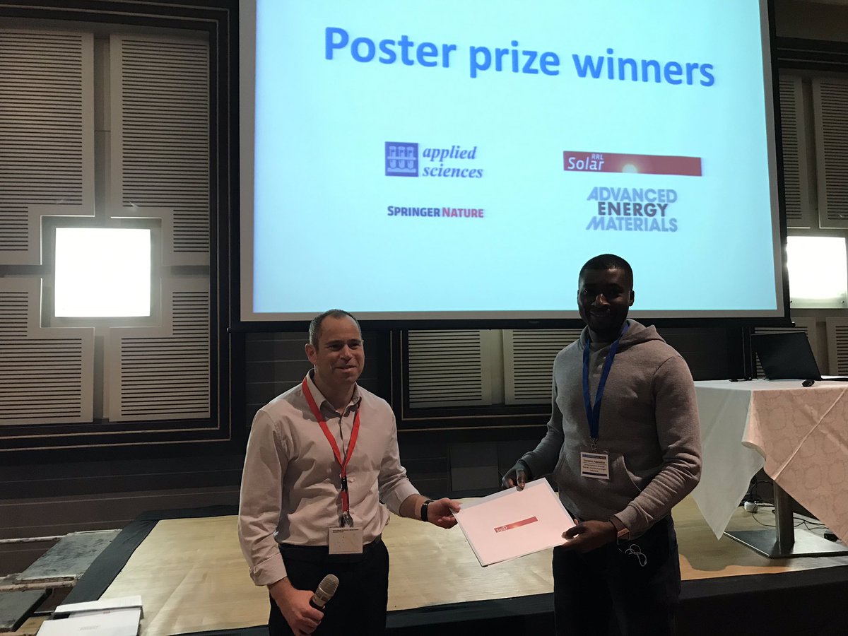 nanoGe_Conf's tweet photo. #NIPHO19 #PosterPrize two prizes of 300€ from #AdvancedEnergyMaterial and #SolarRRL. Congratulations! 👏👏
📍Sampson Adjokatse, @univgroningen
📍Johannes Sutter, Helmholtz-Zentrum Berlin für Materialien und Energie https://t.co/g2d22dWjsC
