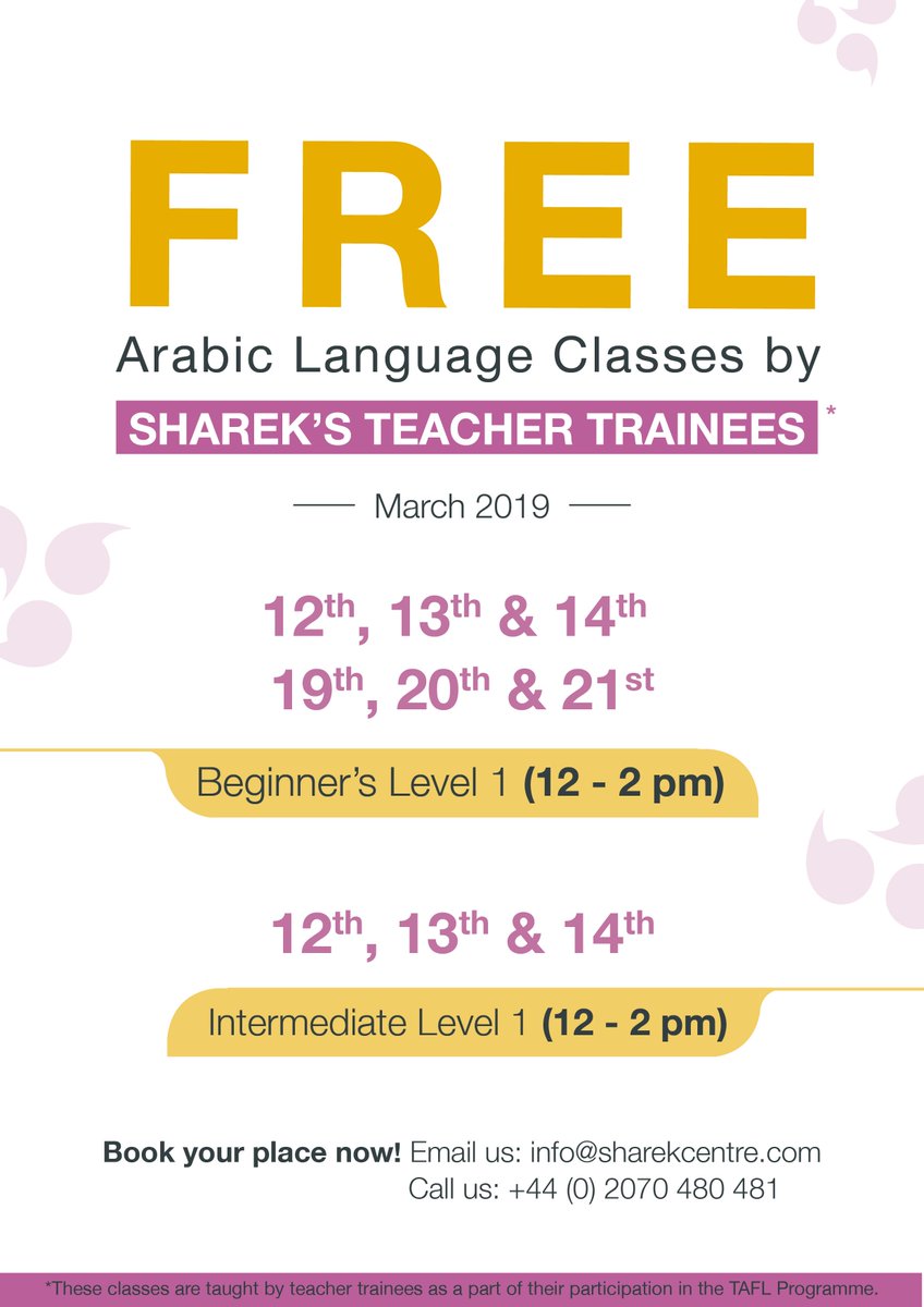 Sharek_Centre's tweet photo. Learn something new in every class! 
Get the most out of it by booking all dates. 

HURRY UP AND SAVE YOUR SPOT.

Link to register: https://t.co/zAVuq9RjXM

**This is taught by Teacher Trainees as part of their TAFL Full-time programme practice week at Sharek Centre. https://t.co/xFVRicWUIA