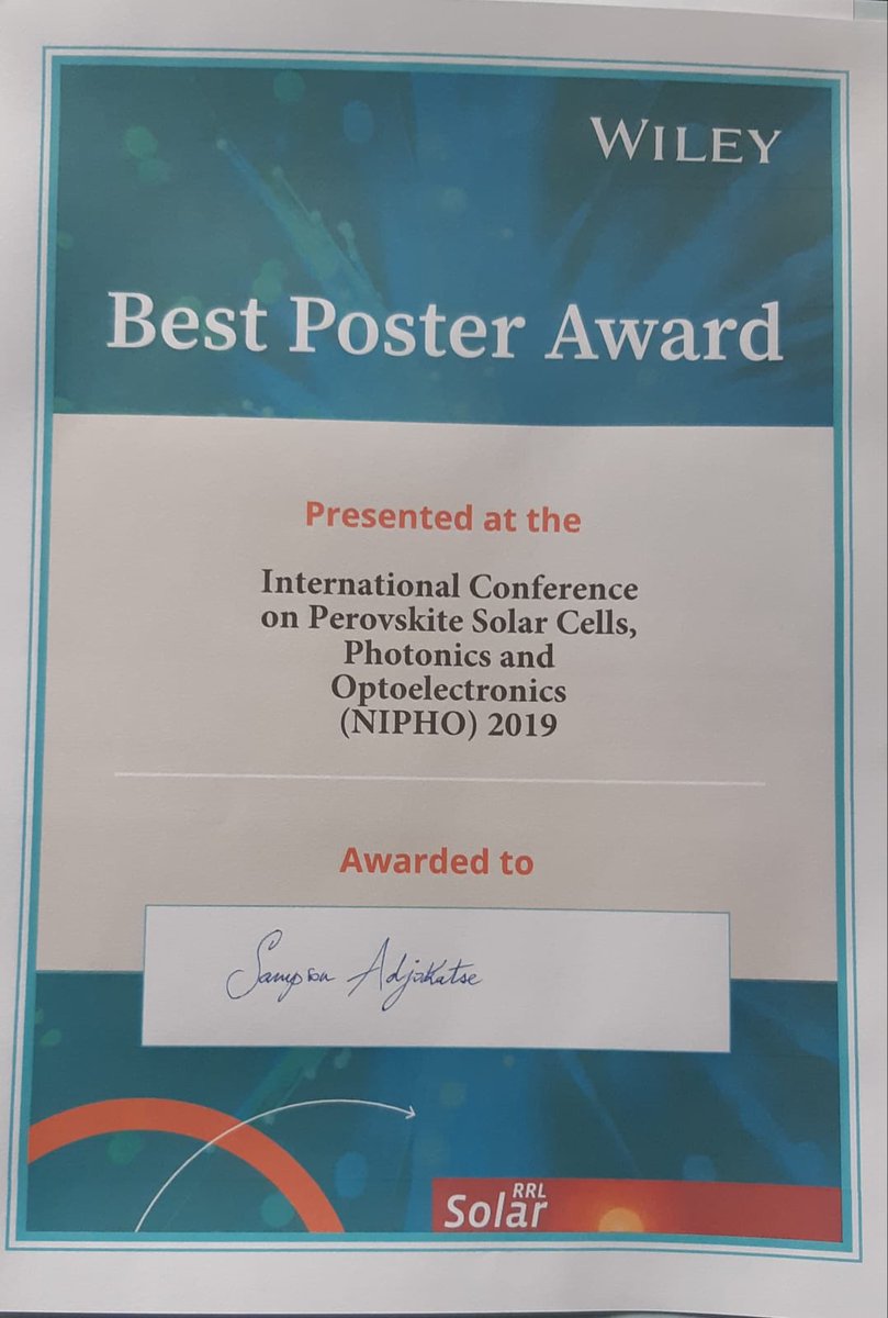 PhotophysicsO's tweet photo. Congratulations Sampson we are proud of you! #perovskites #NIPHO19 #solarenergy @EnergyTechnol https://t.co/AINb0qkzdZ