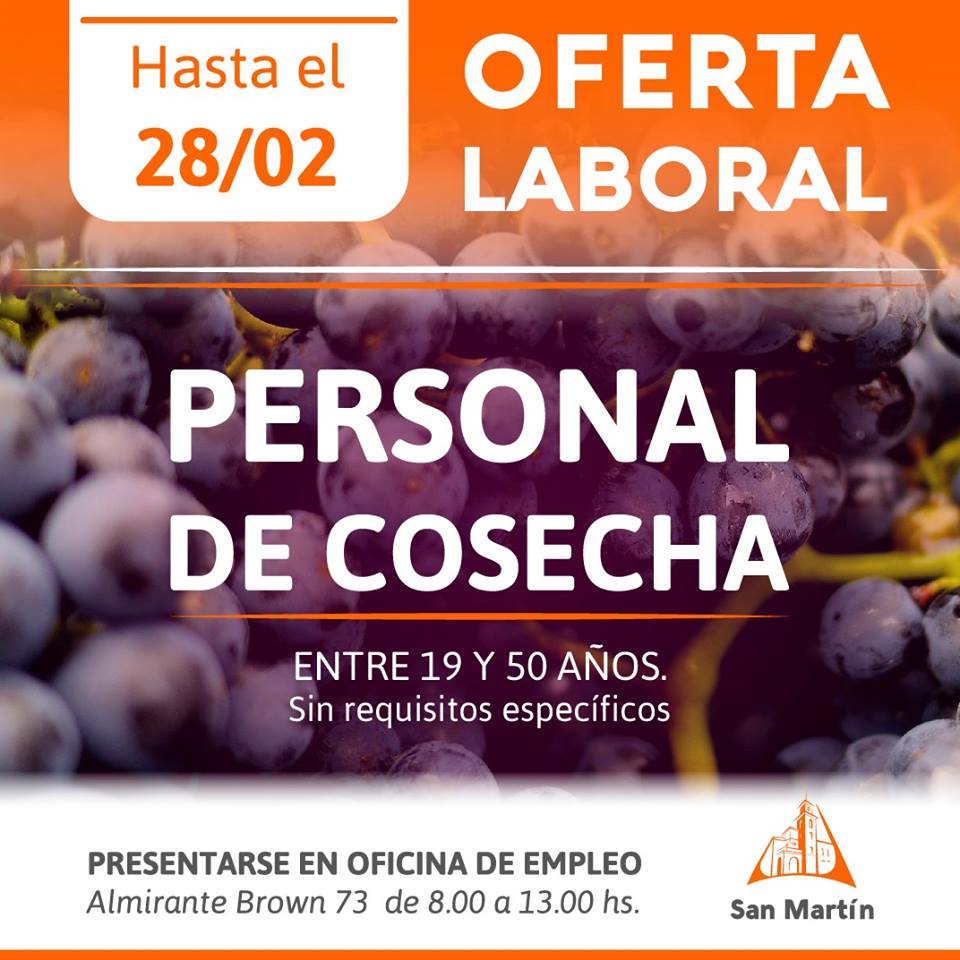 SMI_Mza's tweet photo. SE BUSCA PERSONAL DE COSECHA!!
Presentarse en la oficina de empleo de San Martin! https://t.co/eMjUsDkhPb