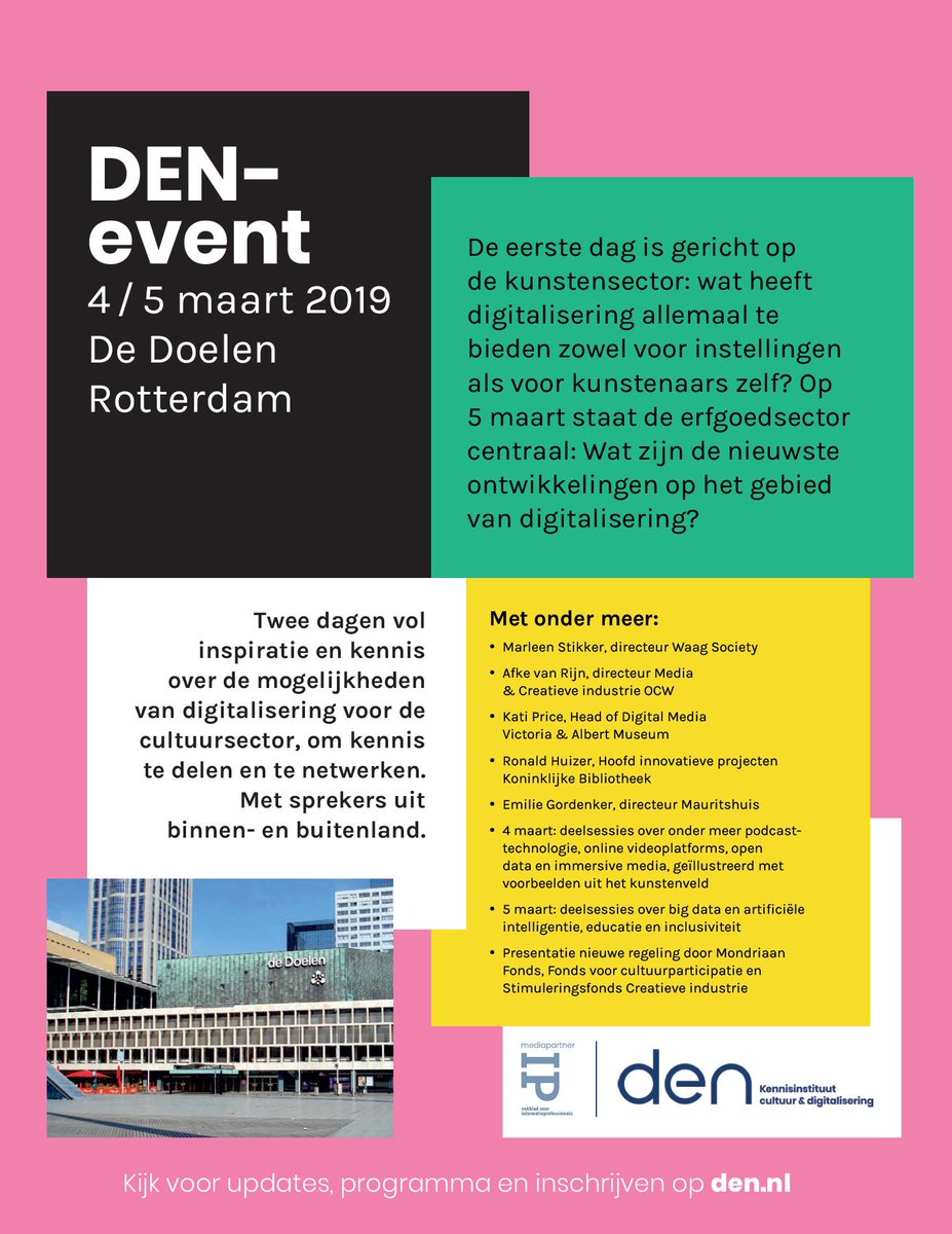 Je hebt nog tot aanstaande vrijdag om kaarten te kopen voor het #DENevent2019, aanstaande maandag en dinsdag in @deDoelen, Rotterdam. Ben jij er ook bij? #virtualreality #inclusiviteit #podcasts #videoplatforms #onlineplatforms #OpenData eventbrite.nl/e/tickets-den-…