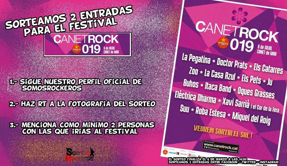 somosrockeros's tweet photo. Sorteamos 2 entradas para el festival @CanetRock_ del 6 de Julio en Canet de Mar con La Pegatina, Doctor Prats, Els Catarres, ZOO, Els Pets,  Buhos, Itaca Band, Oques Grasses, Elèctrica Dharma, Xavi Sarrià... 

🎸Sigue a @somosrockeros
🎸Haz RT a la foto 
🎸Menciona 2 pers. mín. https://t.co/zvGXhBnzR3