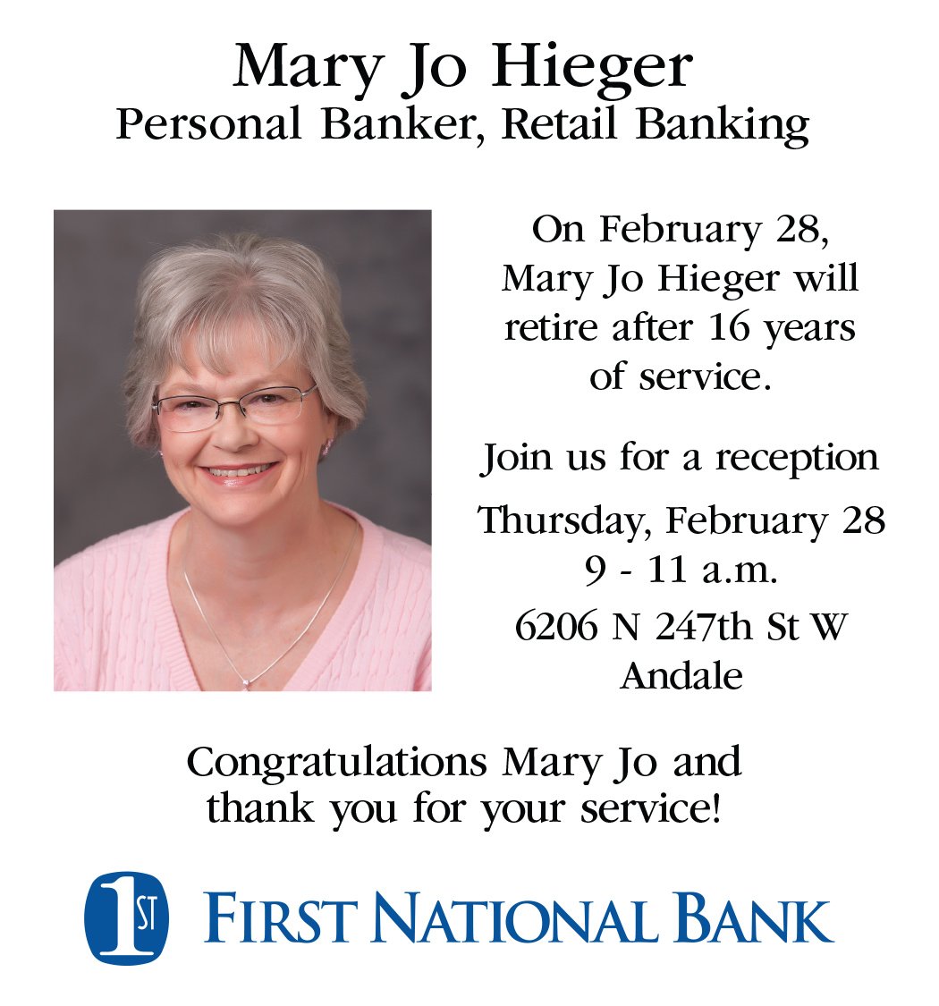 FNBFirst's tweet photo. Please join us as we celebrate and honor Mary Jo Hieger for 16 years of service at our Andale location! Congratulations and best wishes for a very happy retirement! #FNBProud https://t.co/hOgmNpkYsR
