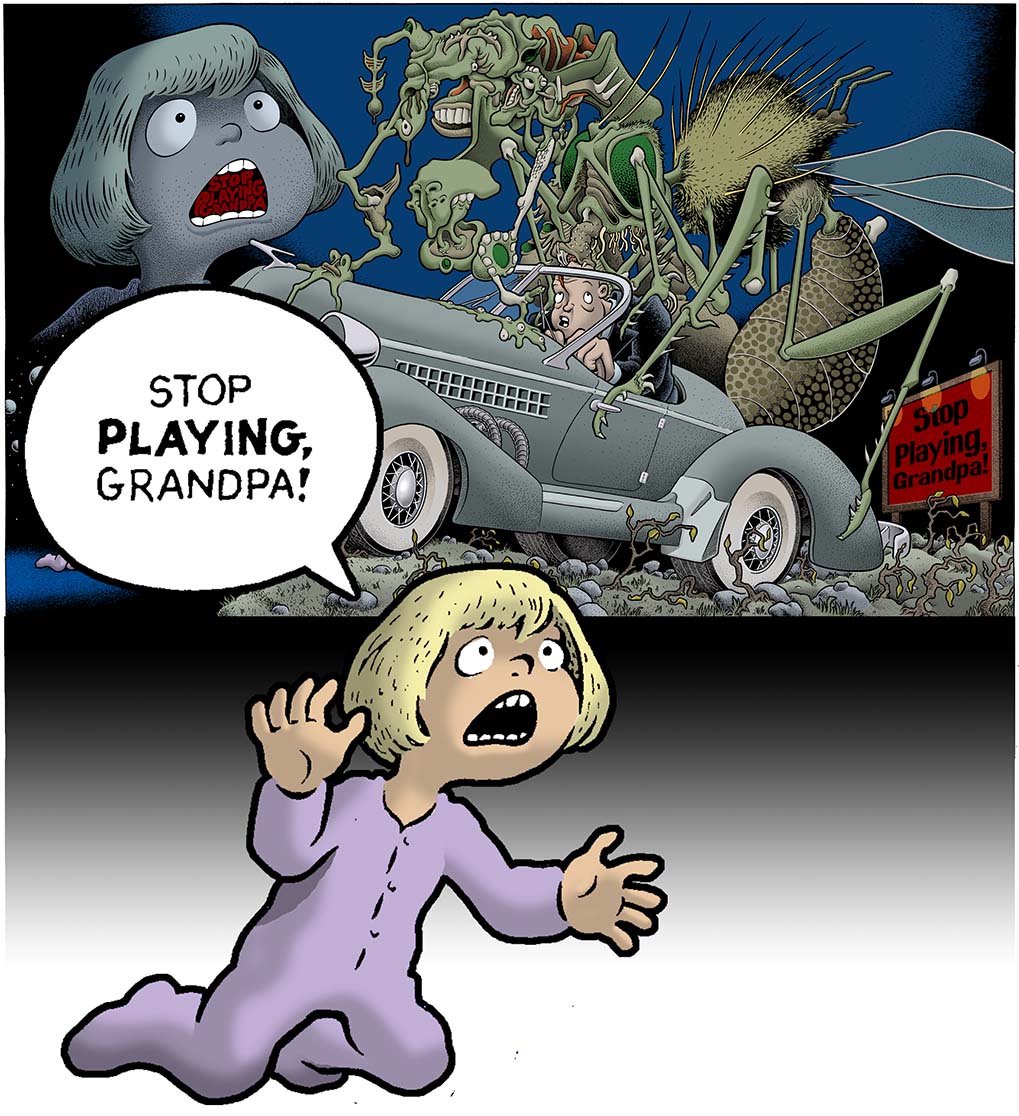 HowardCruse's tweet photo. Why does my nightmarish drawing "Stop, Playing Grandpa" bring back memories of a family vacation when I was a kid? All is revealed in today's blog post at Patreon. https://t.co/cu5d0emDfb https://t.co/z4XwexOIII