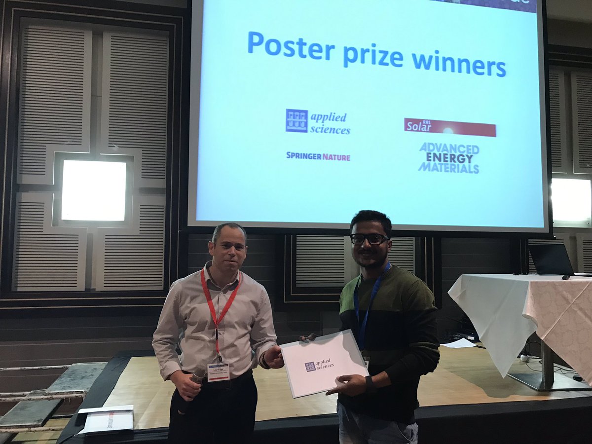 nanoGe_Conf's tweet photo. #NIPHO19 One prize of 250€ from #AppliedScience to Anoop K.M (@HebrewU) and two #perovskite books from @SpringerNature to Provas Pal (@HebrewU). Congratulations!! 👏👏👏 https://t.co/1qNEgZIteg