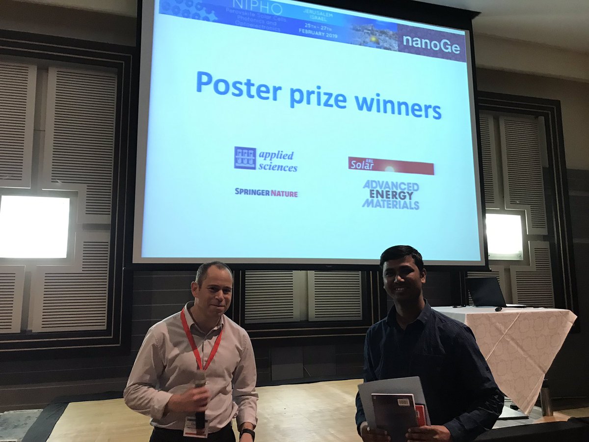 nanoGe_Conf's tweet photo. #NIPHO19 One prize of 250€ from #AppliedScience to Anoop K.M (@HebrewU) and two #perovskite books from @SpringerNature to Provas Pal (@HebrewU). Congratulations!! 👏👏👏 https://t.co/1qNEgZIteg