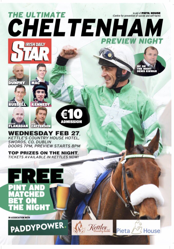 This is for a great cause if anyone is around north county Dublin this evening. @IrishStarSport Cheltenham Preview in aid of Pieta House with @_Davy_Russel_ @Mr_Andy_Mc @jackkennedy15 @BHDFlanagan @deniskirwan Rob Catterson and Eamon Dunphy at Kettle's in Rolestown. Starts 8pm.