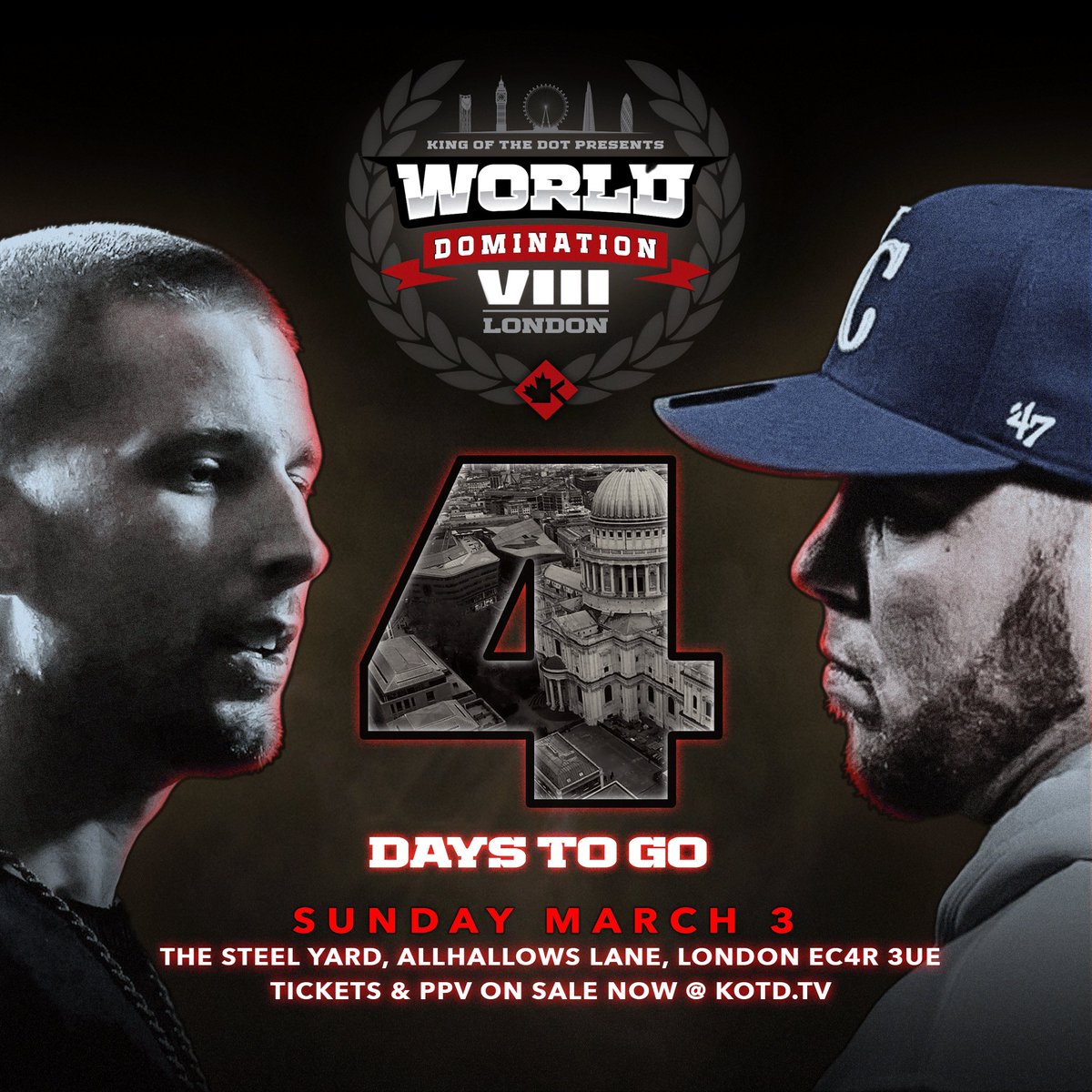‼️ 4 DAYS TO GO ‼️
#KOTD | @ChalkedOutUK | #JumpOffTv Presents: 
#WD8 | MARCH 3RD | LONDON, 🇬🇧 
<a href="/charronkotd/">Corey Charron</a> VS <a href="/Iam_AWard/">A.WARD</a> 
TICKETS &amp; PPV | KOTDTV.COM