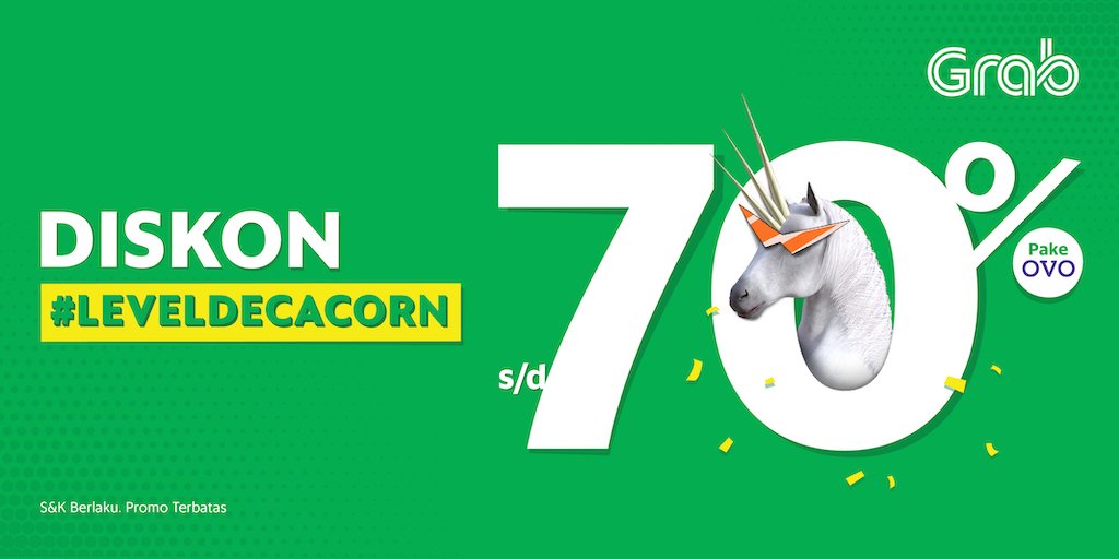 Terima kasih sudah jadikan Grab Decacorn pertama di Asia Tenggara! Enjoy Diskon #LEVELDECACORN hingga 70% untuk semua layanan Grab, se-Indonesia (28Feb - 14Mar 2019). Info lengkap, cek aplikasi Grab.