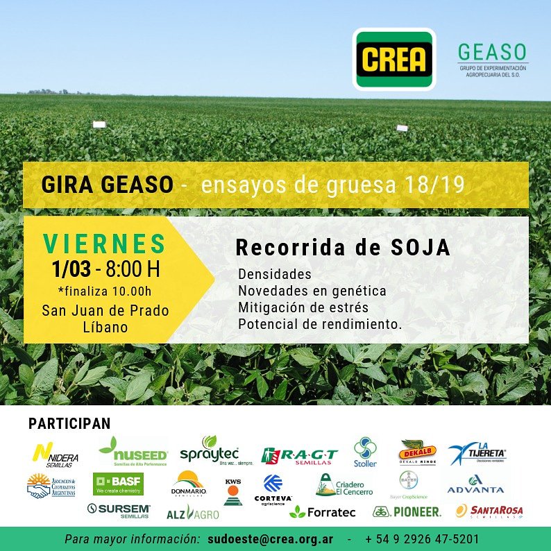 CREA SudOeste (@creasudoeste) on Twitter photo Este viernes en Líbano, recorremos #soja.
<a href="/crea_arg/">CREA</a> Este viernes en Líbano, recorremos #soja.
<a href="/crea_arg/">CREA</a>