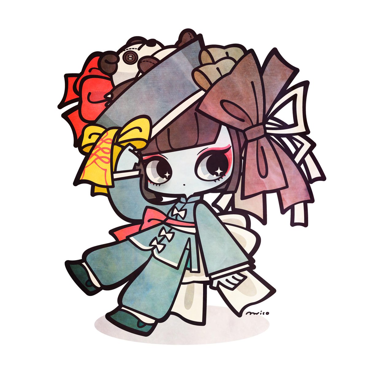 solo bow 1girl hat white background bangs ofuda  illustration images