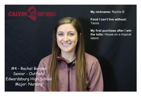 CalvinSoftball's tweet photo. Today we highlight @rachelborden1.  Rachel is a 3-year starter for @CalvinSoftball. Rachel is one of our lefty slappers. With her #newshoulder we know Rachel is poised to have a great senior year!! #csb #Team44 #TdubC https://t.co/Lu3RFtZypr