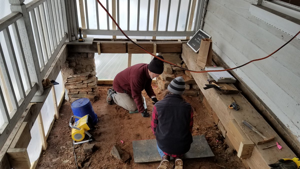 LUPublicHistory's tweet photo. Students helped with the excavation under the porch this past weekend. Only a few inches of the top powdery layer have been disturbed yet the finds have been very nice so far. @LibertyU @HistoryLU @HurtandProffitt #NewLondonVA #MakeHistoryLU https://t.co/kYDlZWJ9Hm