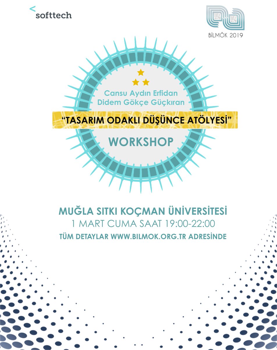 Cansu Aydın ERFİDAN ve Didem Gökçe GÜÇKIRAN'nın sunumuyla "Tasarım Odaklı Düşünce Atölyesi" Workshop'u 1 Martta BİLMÖK'te

#bilmokmsku #bilmök #mugla #bilisim #bilisimsistemlerimuhendisligi #yazilimmuhendisligi #bilgisayarmuhendisligi #teknoloji #bigdata #gündem #bilimtt