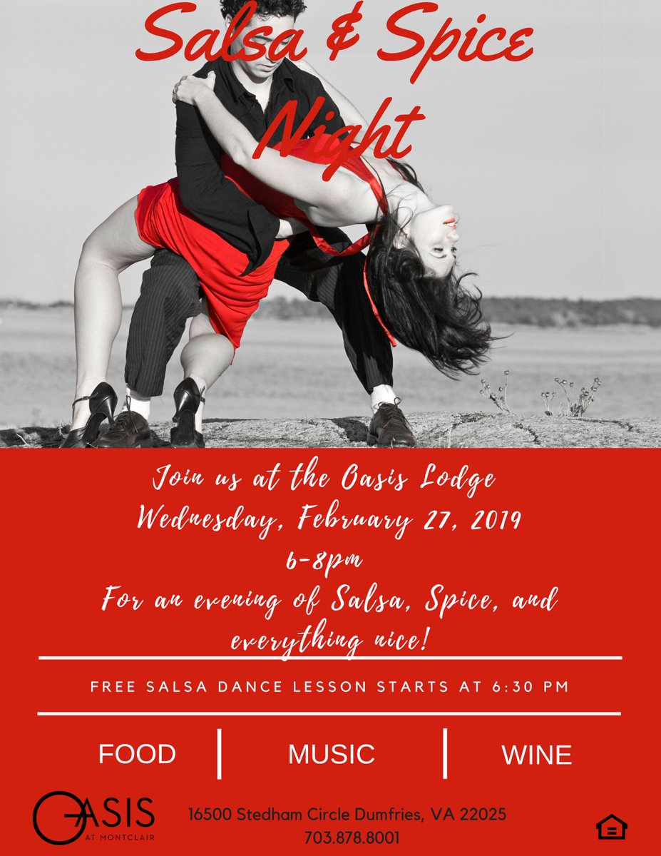 OASIS_Montclair's tweet image. Its Salsa &amp;amp; Spice night Tonight!!

Come and partake in our Salsa night from 6pm to 8pm. FREE Salsa lessons will begin at 6:30pm tonight. Dont miss out on the food, drinks, and prizes!

#SalsaandSpiceNight #Oasisatmontclair #FreeSalsalessons