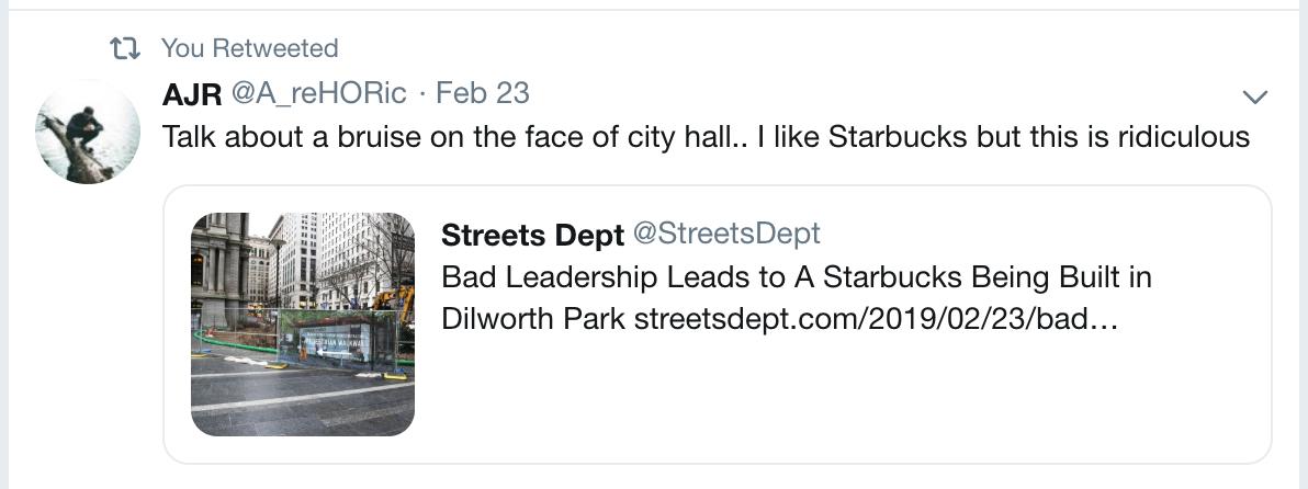 StreetsDept's tweet photo. @ccdphila @PhillyMayor I hope you're listening! #StopDilworthStarbucks https://t.co/ESp6nXMEAn