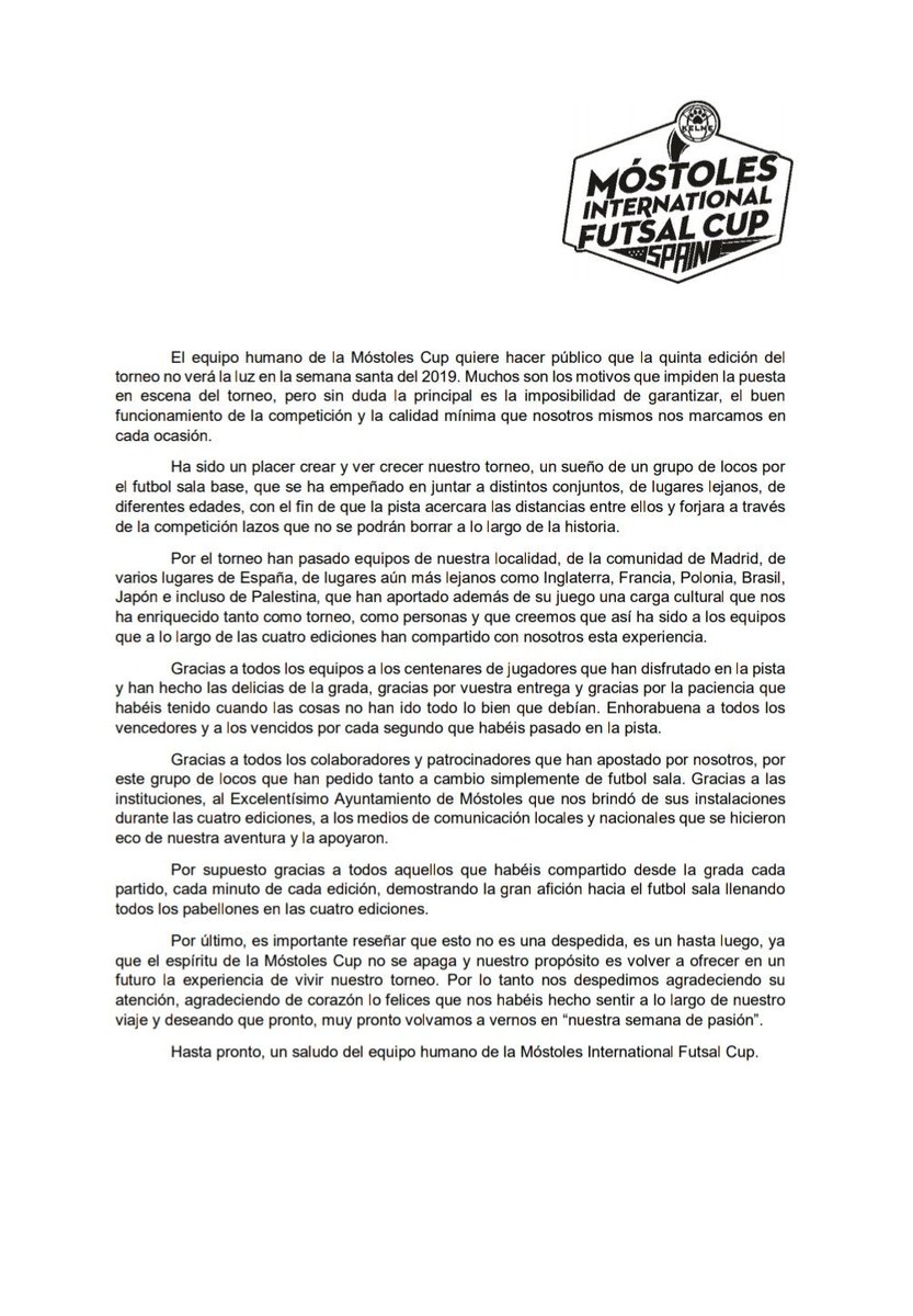 MostolesCup's tweet photo. COMUNICADO OFICIAL
No es un adiós, no es una despedida.
Es un hasta siempre, es un hasta pronto.
Porque volveremos con más semanas de pasión.
Gracias a todos los que habéis confiado en nosotros.
#lacunadelfútbolsala
#MóstolesCup https://t.co/vClOntV4aw