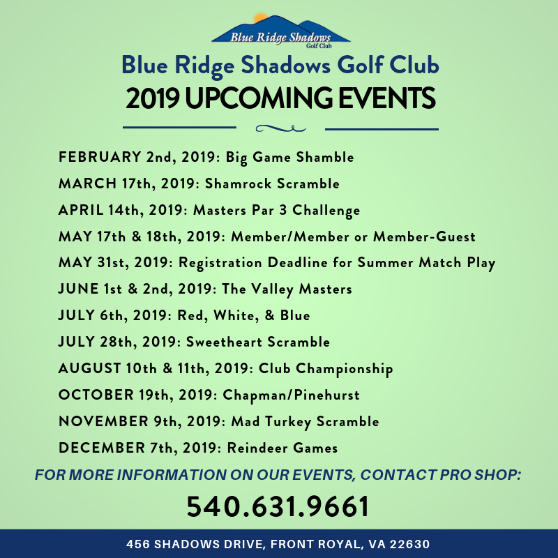 BlueRidgeShadow's tweet photo. Mark your calendars for upcoming events at #BlueRidgeShadows! For more information, contact the Pro Shop at 540.631.9661. https://t.co/y9qtJ8umql