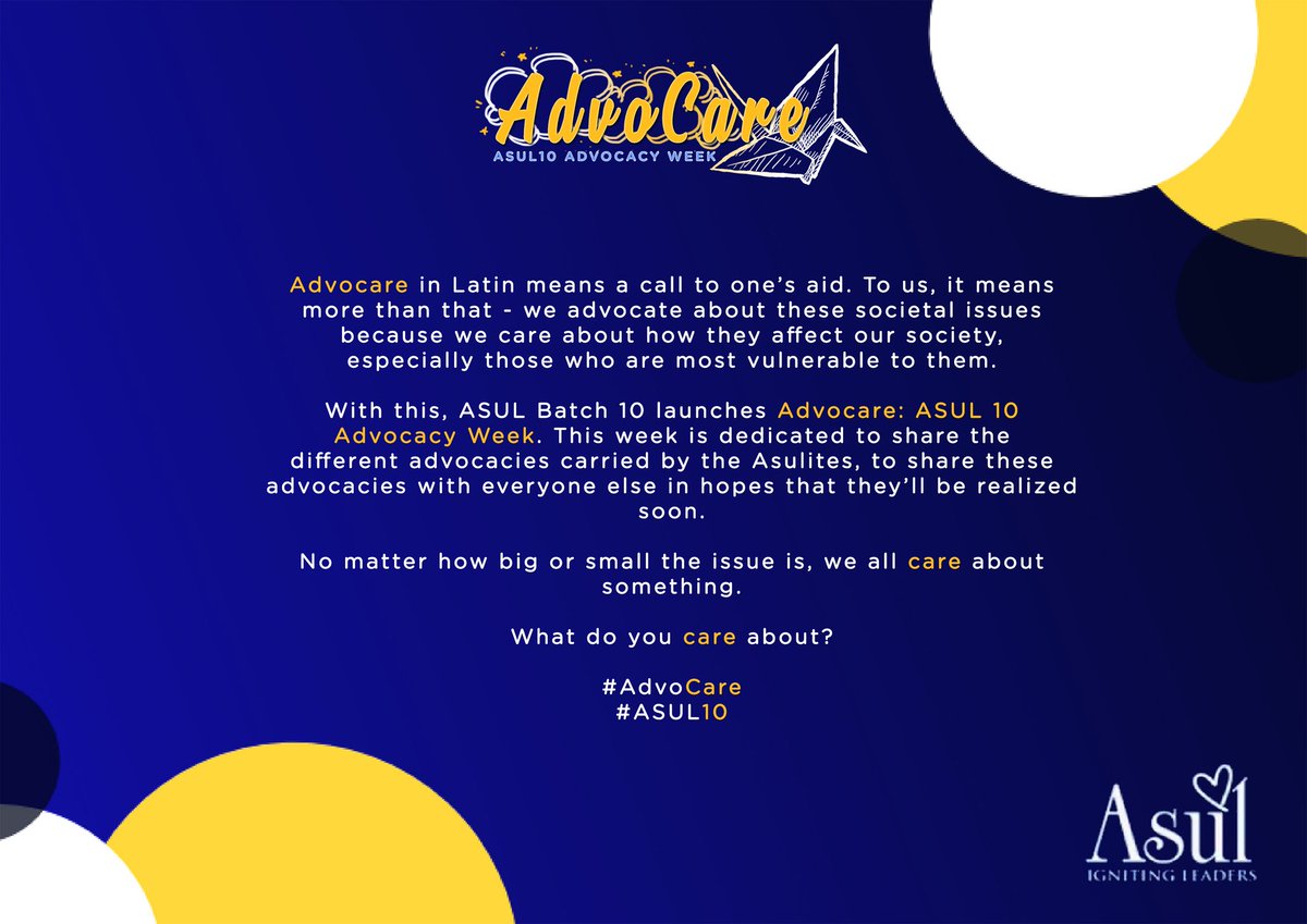 ateneoleaders's tweet photo. One person can make a difference, and everyone who cares enough to try can change the whole world.
This week, ASUL Batch 10 launches Advocare: ASUL 10 Advocacy Week.
#AdvoCare
#ASUL10 https://t.co/HStm9GjMkR