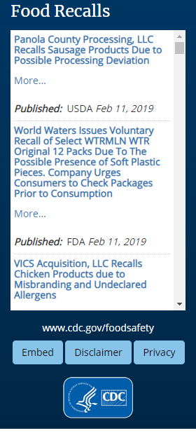 USDAFoodSafety's tweet image. NEW: Free food recall info widget including information on food recalls from FDA and USDA. go.usa.gov/xEE3J