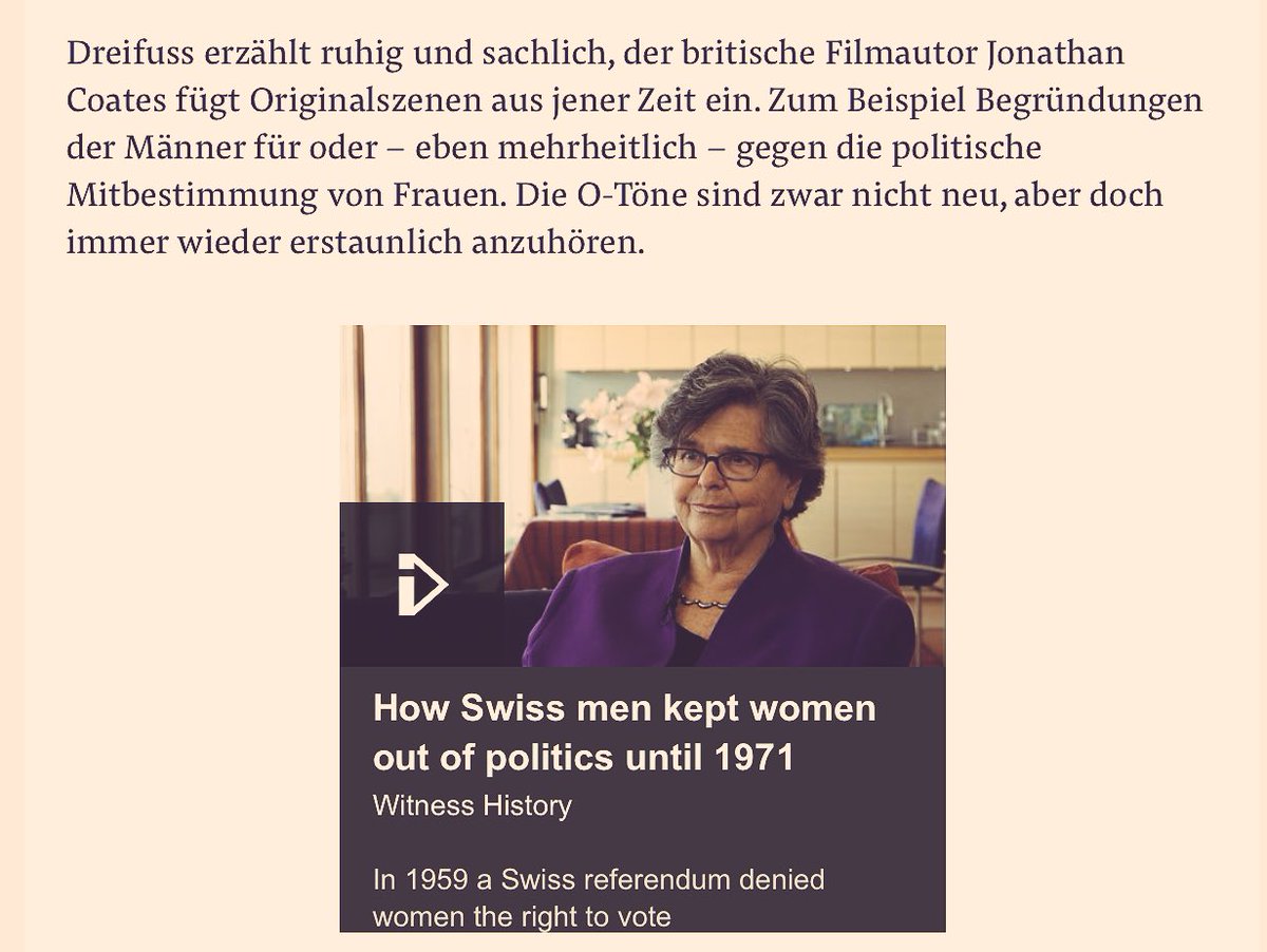 stadtwanderer_'s tweet photo. #HistoryWitness
Ruth Dreifuß, die erste Bundespräsidentin der Schweiz zu „How Swiss men kept woman out of politics until 1971“ für @BBCWorld.
https://t.co/4qyYoIB8vI
@nzz https://t.co/k8h6lBoMGj