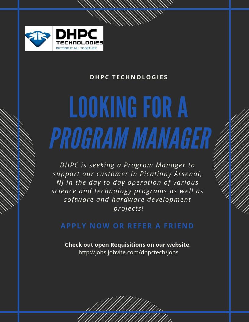 DHPC_TECH's tweet image. DHPC is seeking a #ProgramManager to support our customer in Picatinny Arsenal, #NewJersey in the daily operation of various science and technology programs as well as software and hardware development projects. 

If interested, check it out &amp;amp; apply now!

dhpctech.com/jobvite/?p=job…