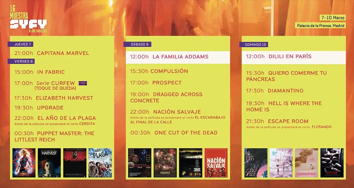 Aquí tenéis la programación completa de la Muestra <a href="/SYFY_Spain/">SYFY España</a>. Gracias por traernos UPGRADE, DRAGGED ACROSS CONCRETE. Mis deseos se han visto cumplidos. #contandolashoras