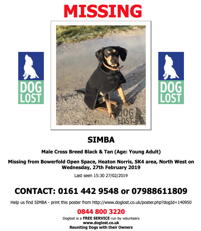 DogLost.co.uk  
#LOST  #DOG  SIMBA
Male #CrossBreed 
#HeatonNorris  #SK4 
Wednesday, 27th February 2019   #LostDog  #ScanMe   doglost.co.uk/dog-blog.php?d…  <a href="/VetsGetScanning/">MakeChipsCount to Reunite Pets</a> <a href="/SAMPAuk_/">Stolen&Missing Pets</a> <a href="/Lancashirejc/">Jan lancashire</a> @ClaireBearGDL
