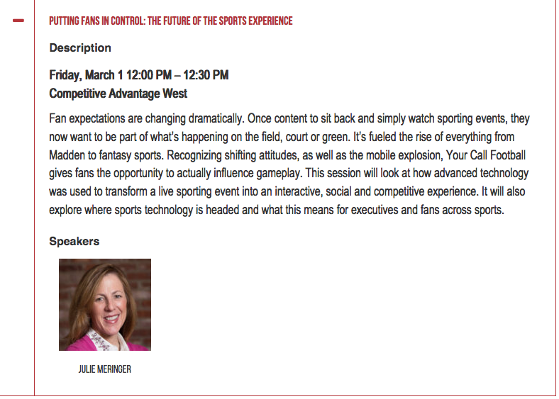 jhmeringer's tweet photo. Excited to be speaking @MIT @SloanSportsConf this Friday, March 1 at 12:00 pm. Stop by if you are there and check out the latest in fan engagement @YourCallFB https://t.co/L2gS5KChUT