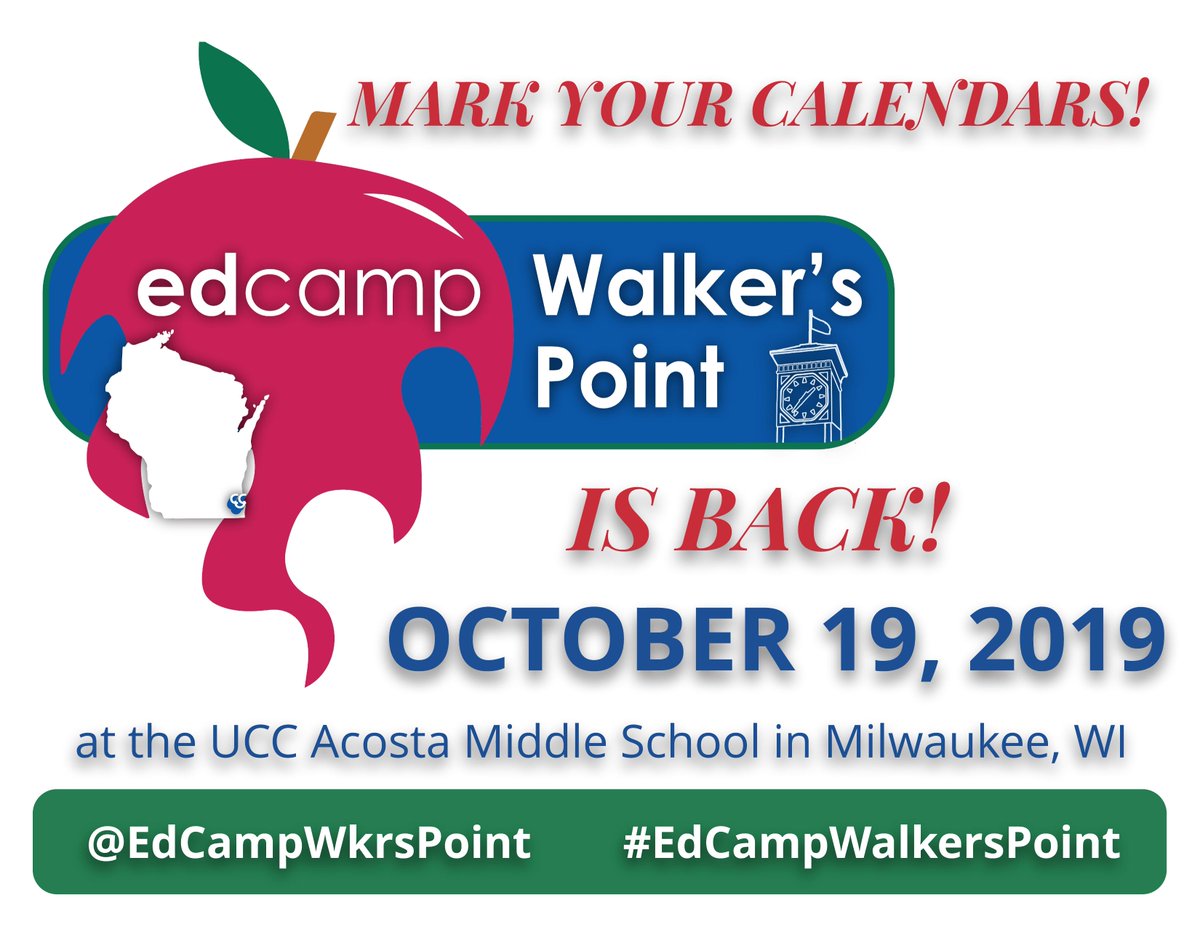 MsShabaMartinez's tweet photo. Have you heard the amazing news yet? #EdCampWalkersPoint is coming back to Milwaukee on October 19th, 2019! Mark your calendar, save the date, and make sure you attend and bring all your teacher and school leader colleagues! More information at: https://t.co/rUJGfUFzQw  #edcamp https://t.co/owcxNLNLD8