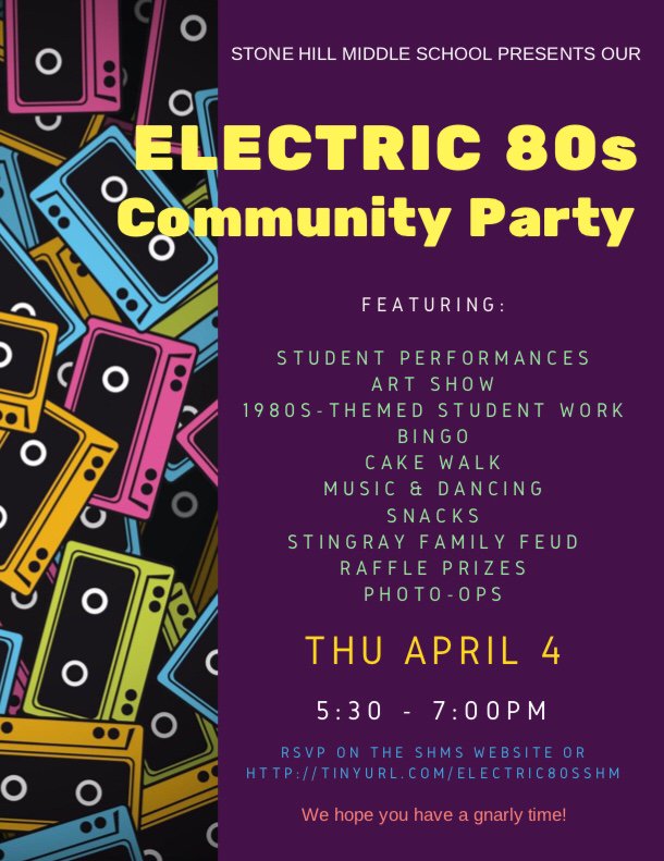 Mark your calendar! Thought last year’s Nifty 50s party was the bee’s knees? Just wait for this year’s totally tubular Electric 80s party! See you Thursday, 4/4, 5:30-7pm for a gnarly time! <a href="/StoneHillMiddle/">Stone Hill Middle</a> <a href="/StoneHillFACS/">Abby O’Connor</a> @ShenaIBlcps <a href="/StruderHazzard/">Kelsey Hazzard</a> <a href="/EdChiLCPS/">Ed Chi</a> <a href="/Royster_SHMS/">Jaclyn Royster</a>