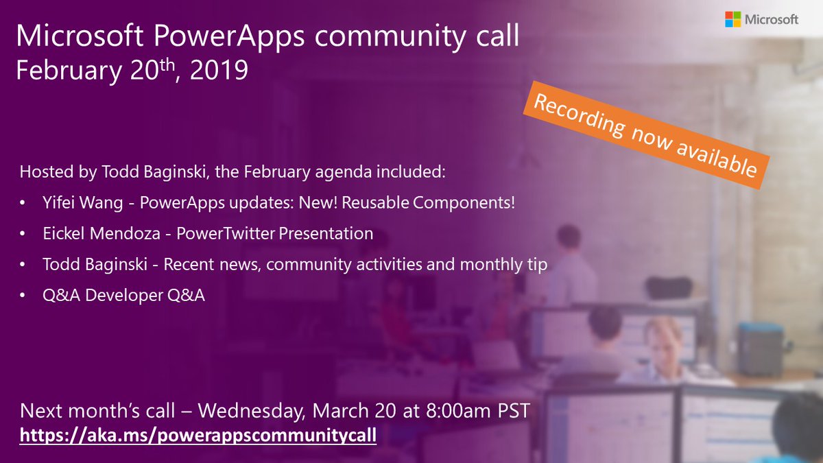 toddbaginski's tweet photo. Did you miss our February #PowerApps call? Don't worry, the recording and blog is now available. BIG thanks to @yifei03 and @Eickel for their presentations on reusable components and PowerTwitter. https://t.co/onURobdOGa
#PowerAppsCC #PowerTwitter #MSDev #Office365Dev officedev https://t.co/LSAh0zFfq3